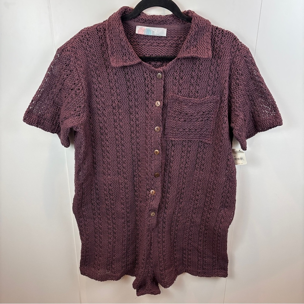 NWT FP Beach Wave Maker Romper Open Knit Plum Purple sz M Free People Boho